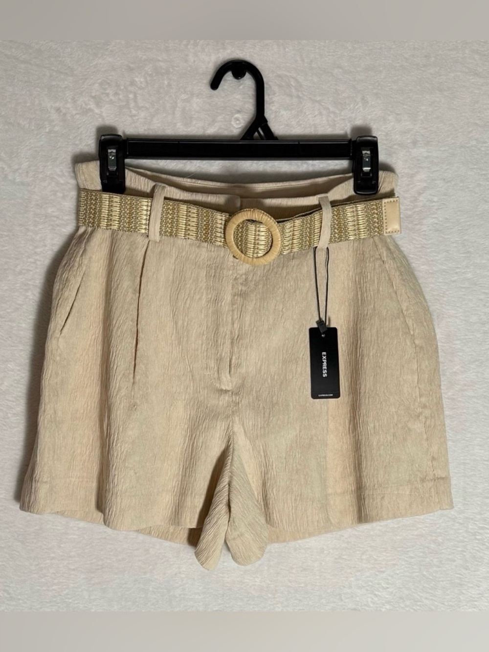 Express Women's Cream Textured High-Rise Shorts with Woven Belt